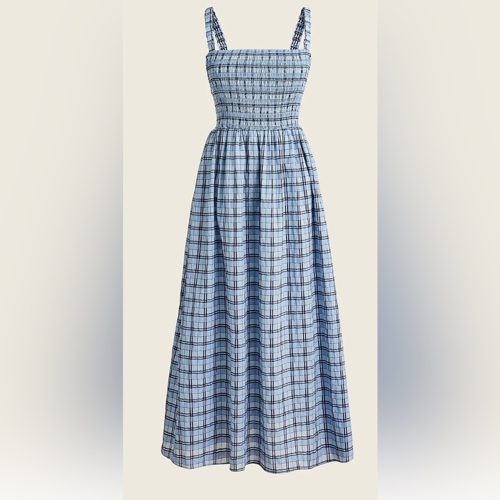 J. Crew Blue Plaid Smocked Midi Dress